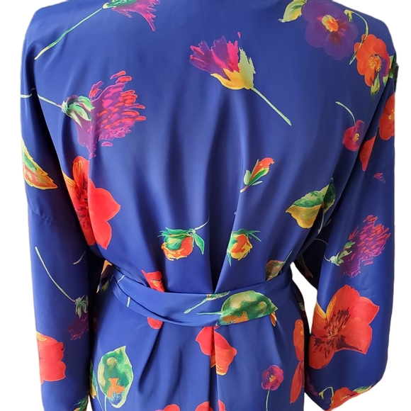 Vintage Floral Robe Natorious Blue Orange Red Flower Short Length Kimono Natori - Picture 6 of 10